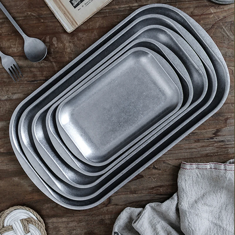 

Stainless Steel Tray Retro Frosted Dessert Dishes Rectangular Plate Afternoontea Tray Metal Multi-Purpose Classical Storage Tray