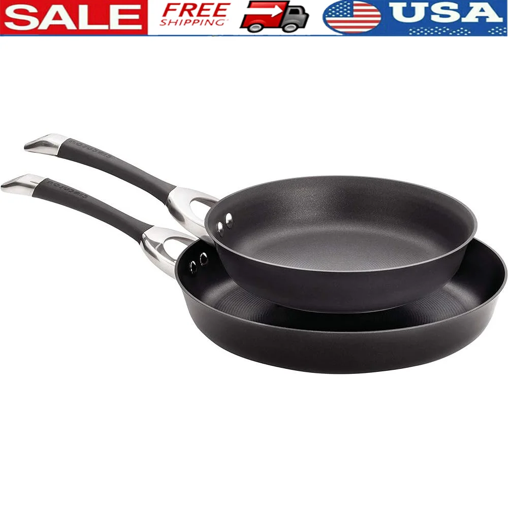 Nonstick Frying Pan Set 10in 12in Hard Anodized Induction Compatible Easy Cleanup Rubberized Handles Oven Safe Durable Kitchen