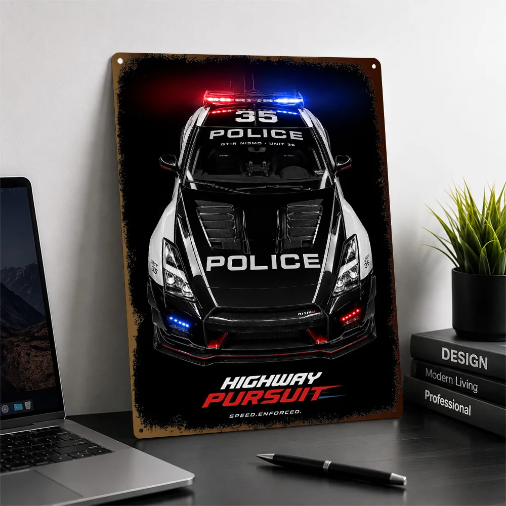 Japan GT-R Nismo R35 Black White Police Supercar Printed Poster Customized Metal Sign Patrol Tribute Wall Art Perfect For Home