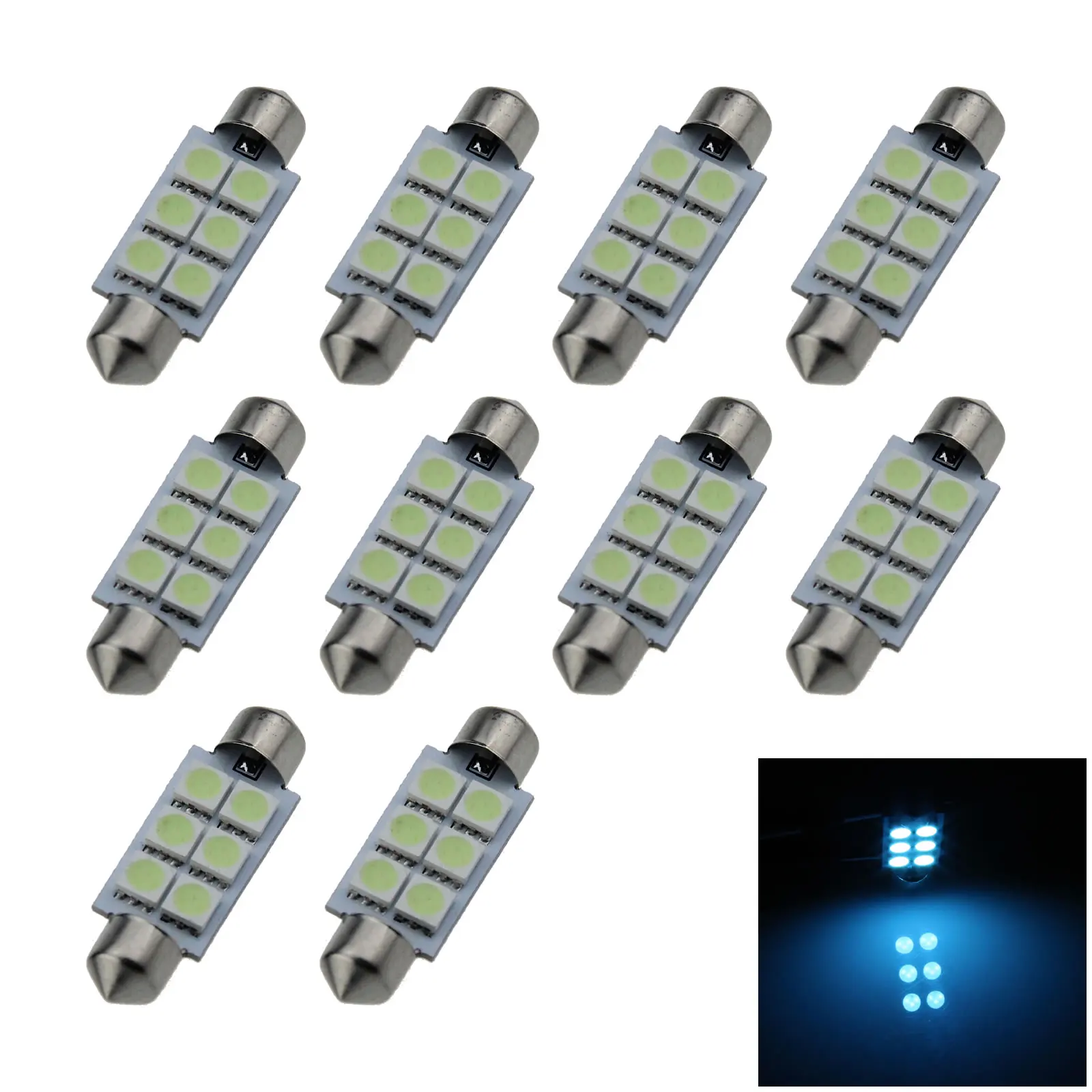 10x Ice Blue Car 42MM Festoon Light marker Blub 6 Emitters 5050 SMD LED 41MM I301-BB