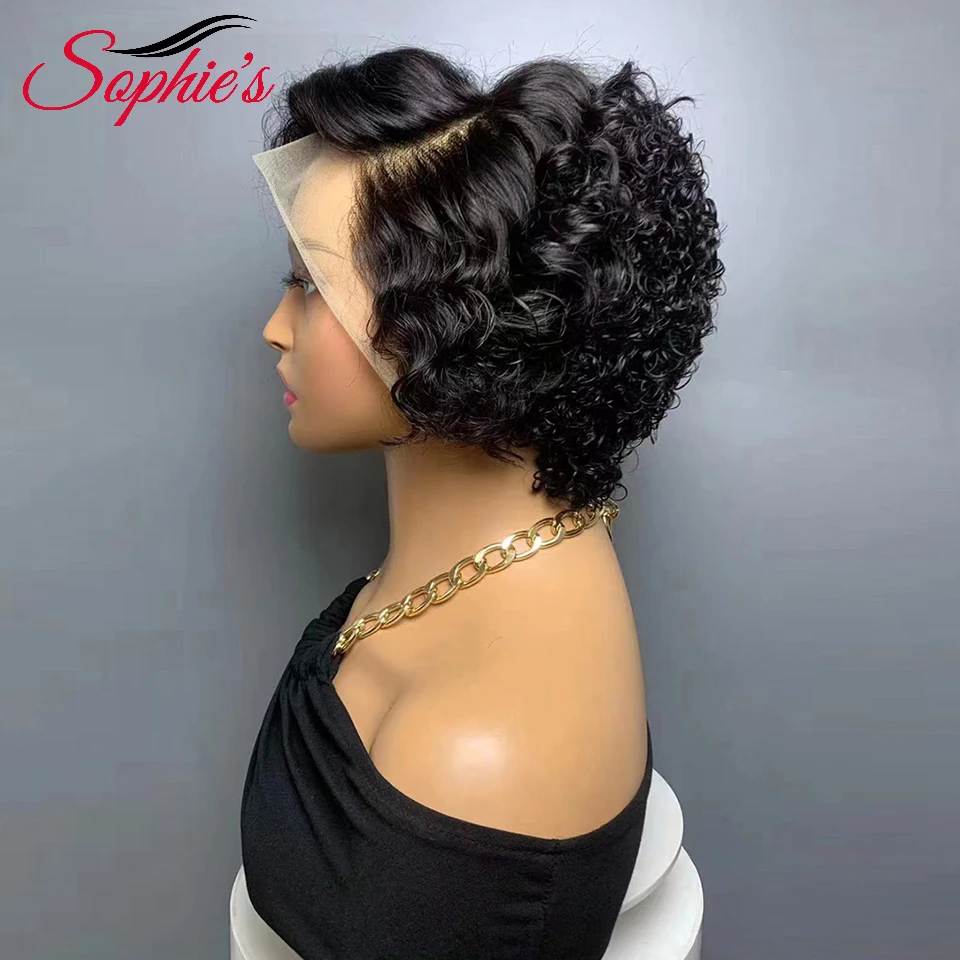 

Sophies 12A Grade Wigs Short Pixie Cut Curly Wig 13*4 HD Lace Front Human Hair Wigs Natural Black Color 180% Density Remy Hair