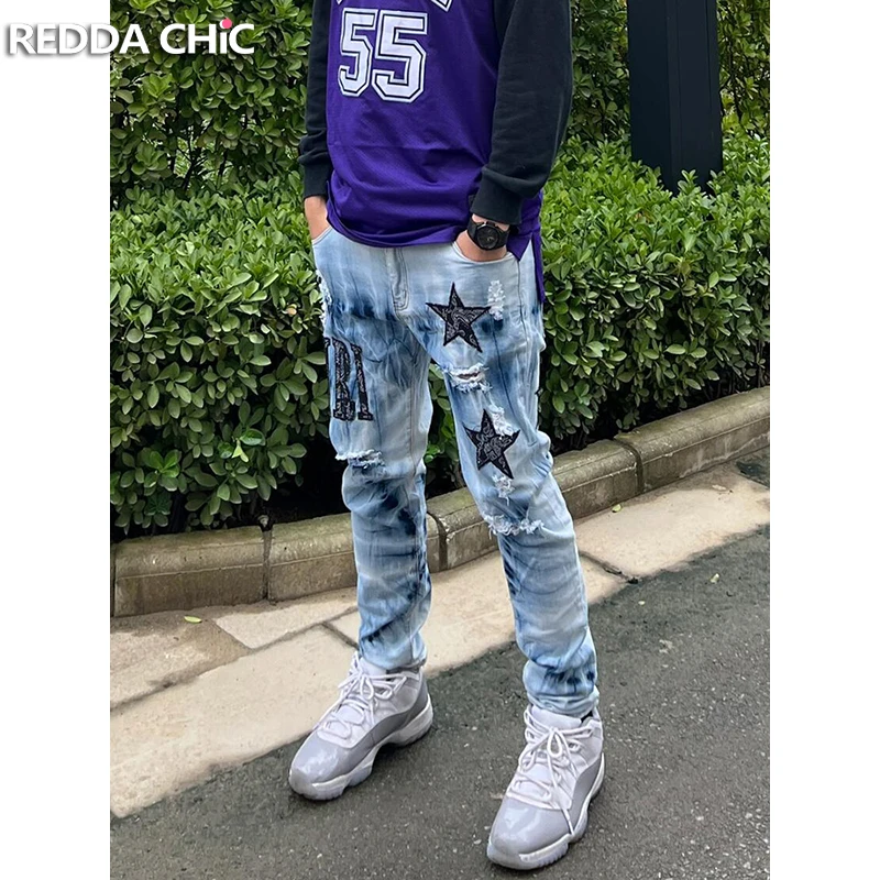 REDDACHIC Star Patched Ripped Hole Men Straight Jeans Retro Tie Dye Graphic Slim Low Rise Denim Pencil Pants Punk Y2k Streetwear