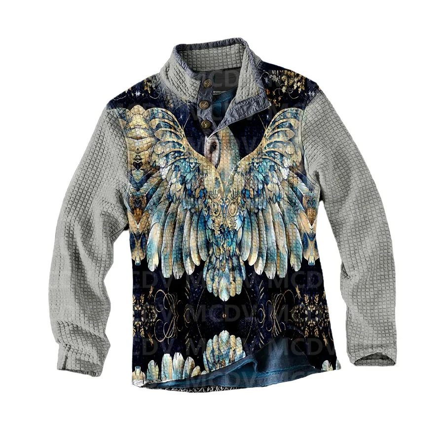 Pullover Polo Pria, atasan kasual lengan panjang motif 3D burung hantu kasual