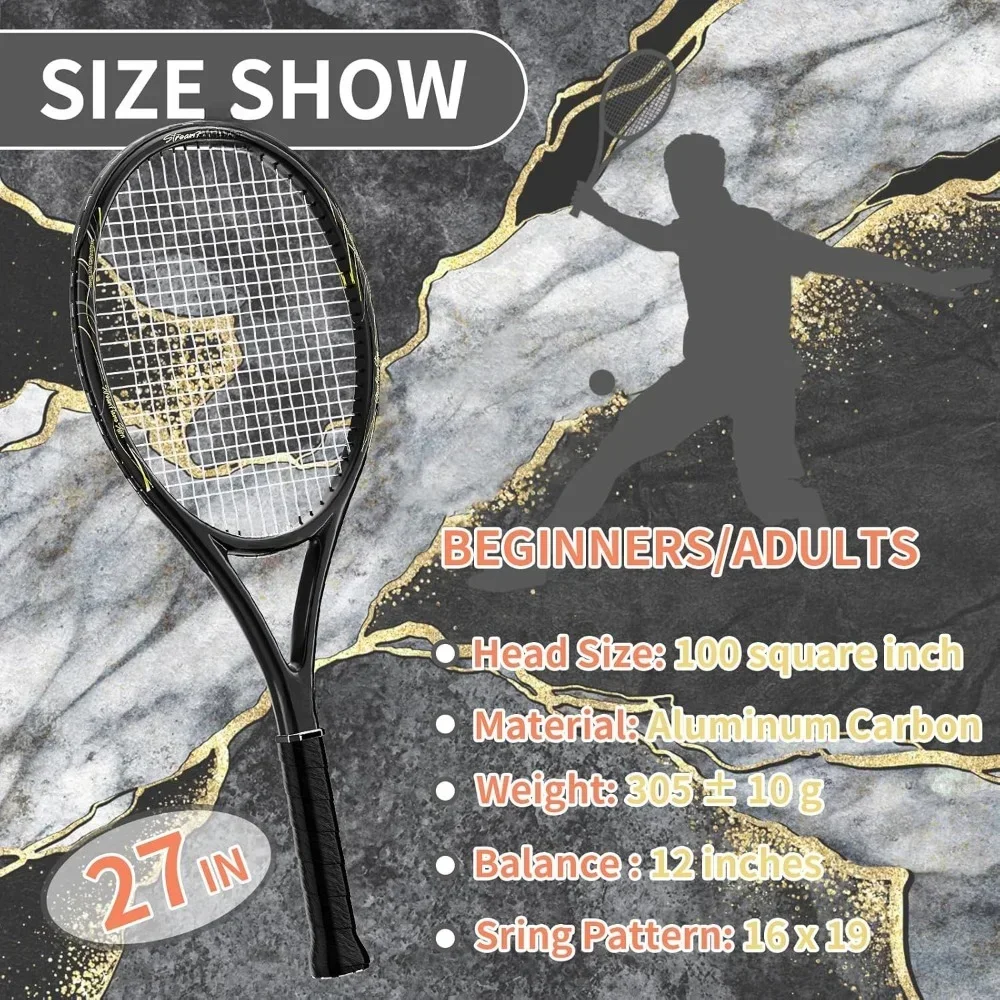 Raket tenis-Set hemat Super dengan tali, gagang nyaman, raket tenis 27 "untuk dewasa, termasuk 3 bola tenis,