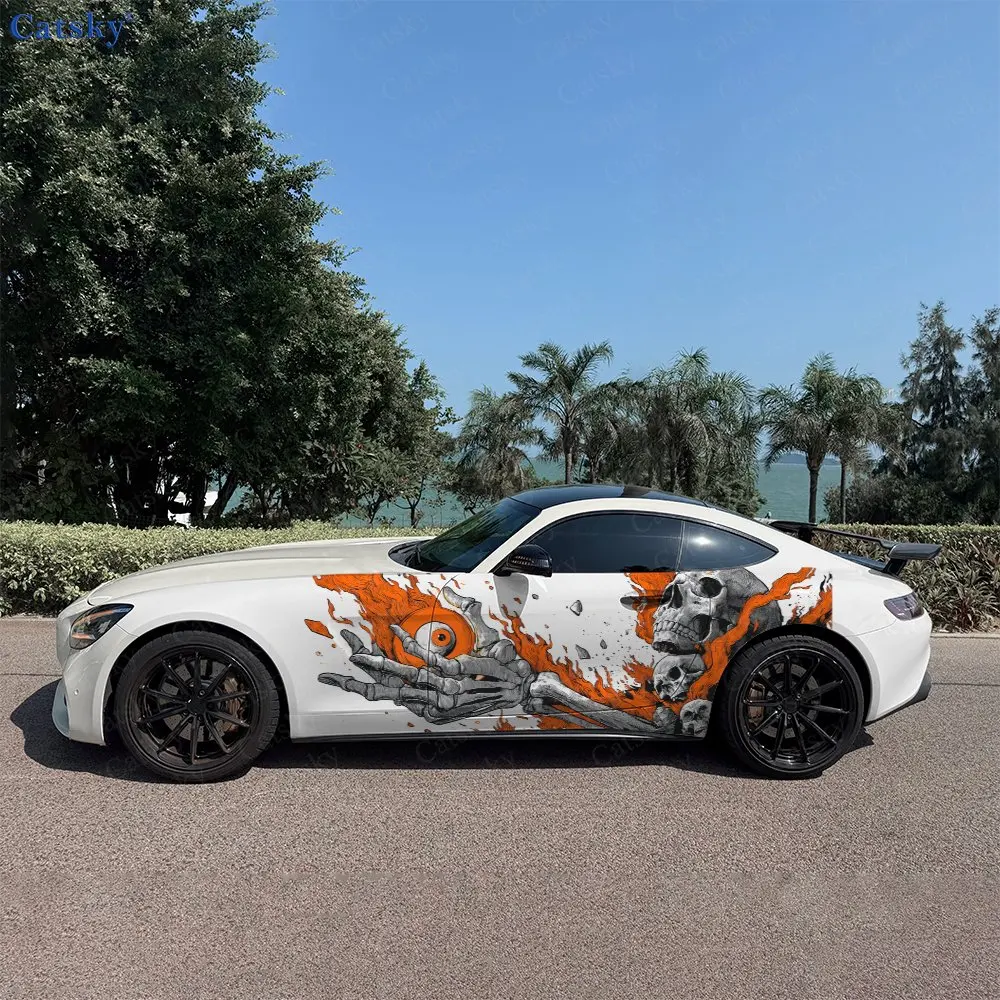 2pcs Orange Fire Bone Skull Car Side Wraps, Self-Adhesive PVC Waterproof & Scratch-Resistant Stickers, Car Accessory Gift