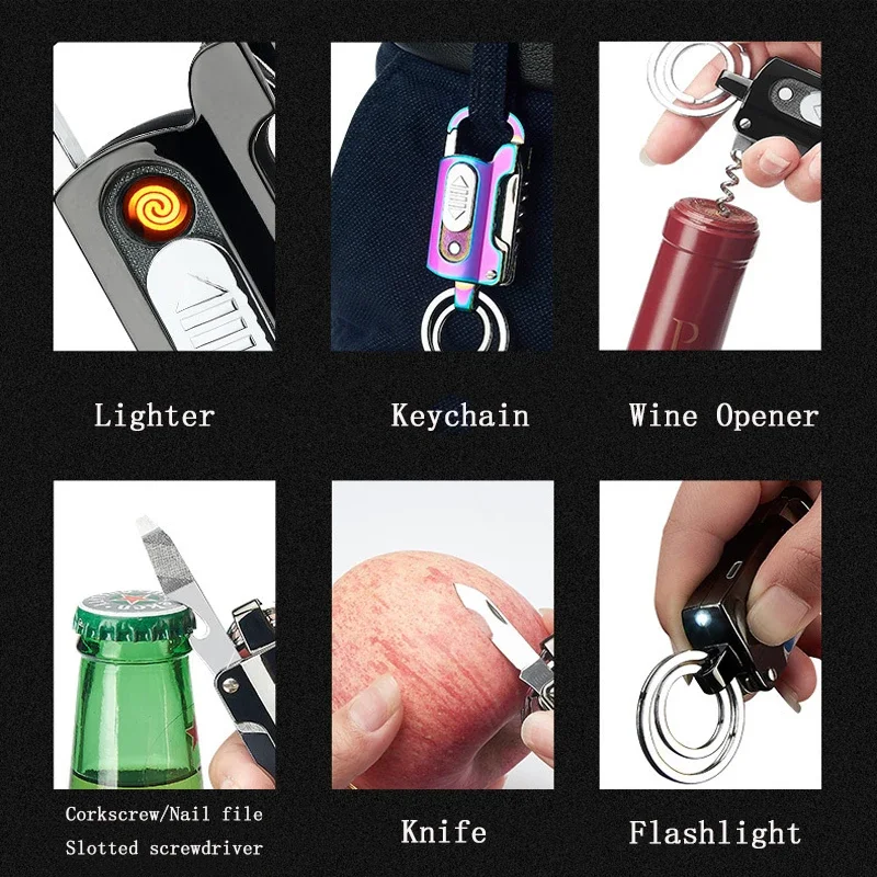 EDC Multifunctional Keychain Electric Lighter Alloy Windproof Cool Lighters Wine Opener Knife Flashlight Slotted Screwdriver