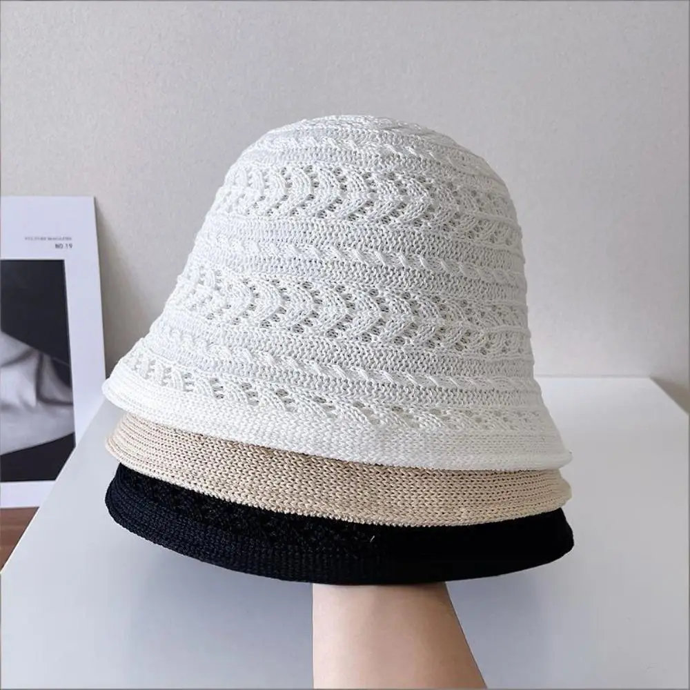 

Casual Breathable Bucket Hat Foldable Wide Brim Fisherman Hat Knitted Sun Protection Hollow Beach Cap Women's