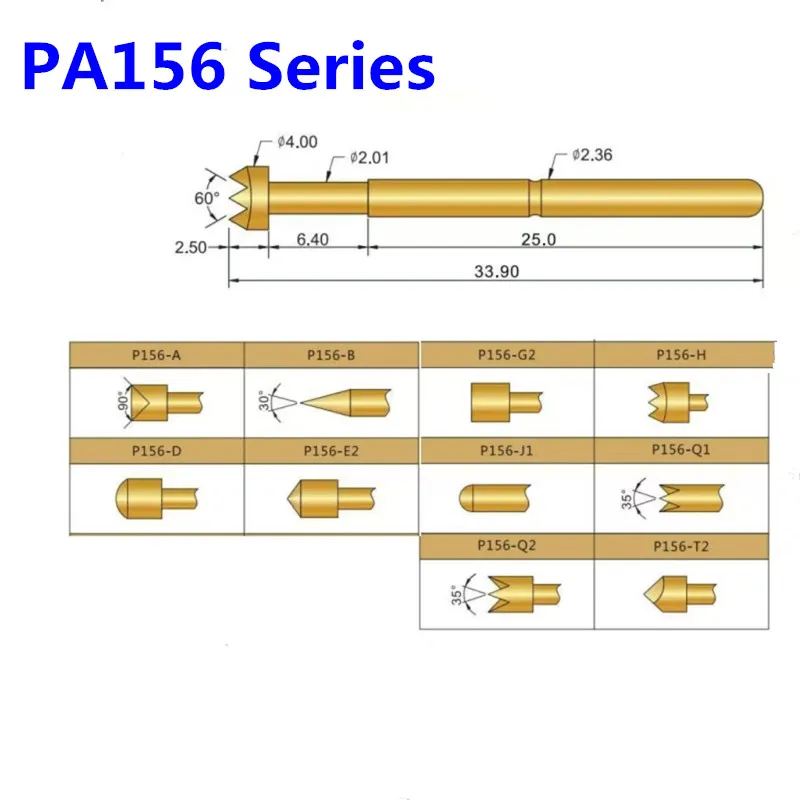 

20PCS/Bag Gold-plating Spring Test Pin PA156-A2 B1 E2 H2 J1 Q1 Q2 H2 Outer Diameter 2.36mm Length 34mm PCB Pogo Pin