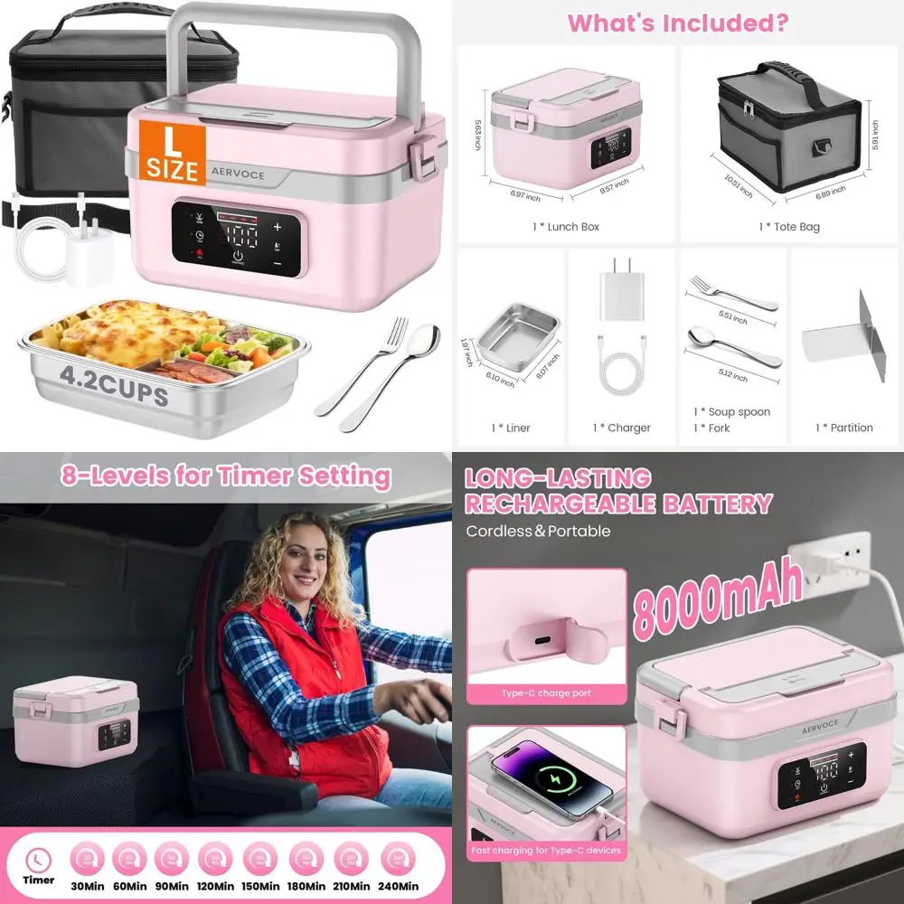

Портативный электрический ланч-бокс объемом 1 л для женщин — подогреватель еды 8000 мАч для автомобиля, офиса, работы на открытом воздухе (розовый)