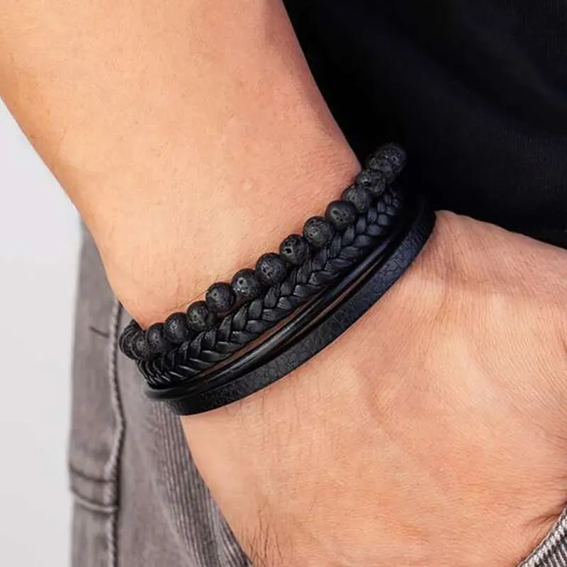 Fashion Volcanic Stone Beaded Bracelet Mutilayer Braided Leather Bracelet For Men Stainless Steel Magnetic Bangle Jewelry Gift