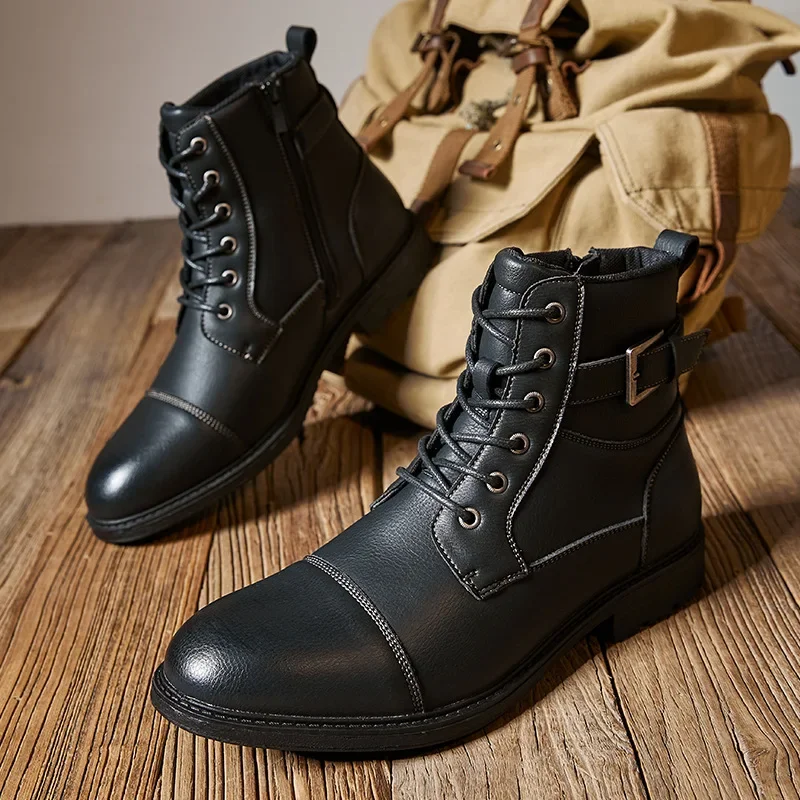 Anti Slip Retro Man Leather Boots Lace Up High Top Ankle Boots Autumn Winter Outdoor Men Martiin Boot Side Zipper Tooling Boots