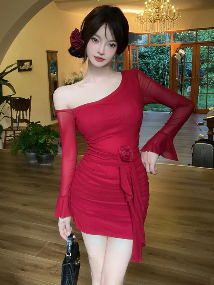 

Сексуальное облегающее платье с открытыми плечами, цветочным декором, поясом на талии, модное, с завышенной талией, из шифона, длинное, с рукавами.