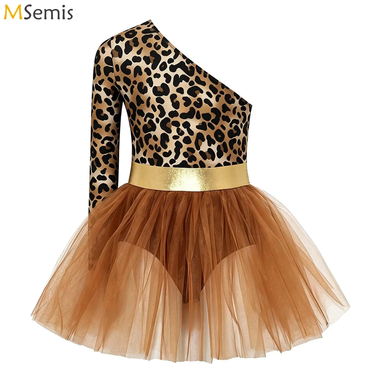 Kids Girls Animal Pattern Girls Ballet Tutu Dress Caveman Performance Costume Long Sleeve Metallic Printed Bodice Tulle Dress