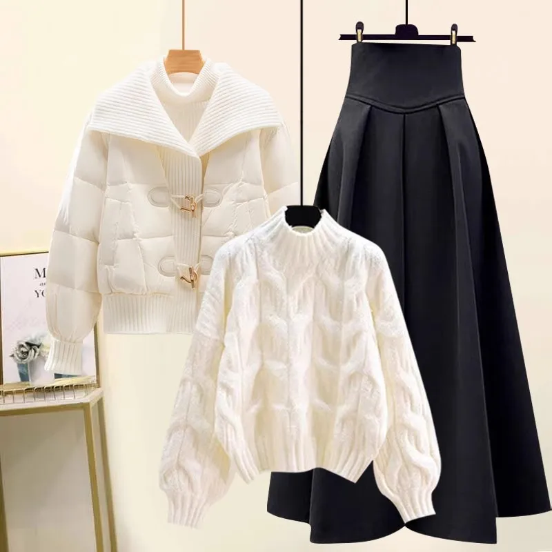 Thickened Fleece Knitted Cotton Jacket Women's Autumn Winter Half High Collar Top with High Waist  Skirt Three Piece Set