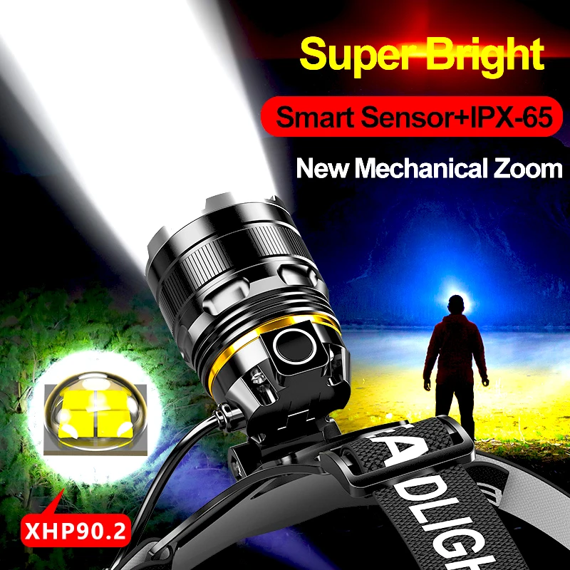 Linterna frontal LED XHP90.2 con Sensor, luz recargable por USB, batería de 2x18650, 1000000LM