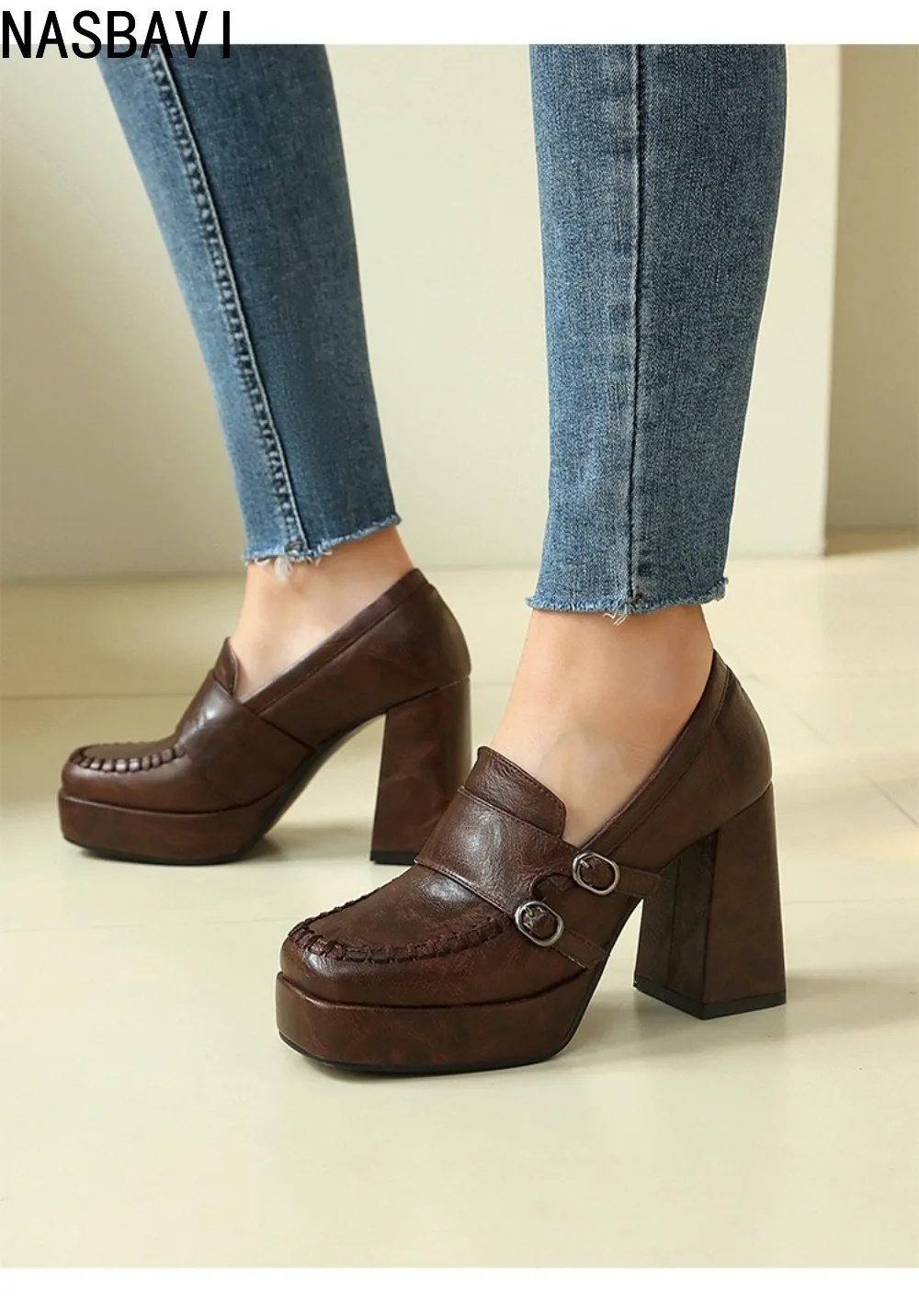 

Женские туфли-слипоны в римском стиле с круглым носком, французские, на платформе, 9,5 см, Мэри Джейн, лоферы, из натуральной кожи, коричневые