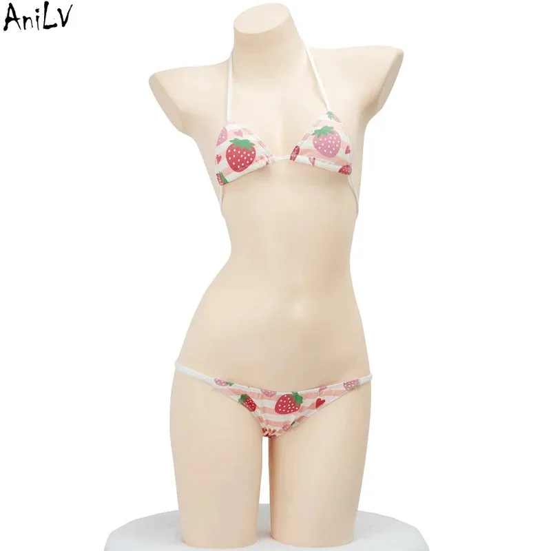 

AniLV Sweet Girl Pink Strap Strawberry Bikini Underwear Anime Cosplay Costumes
