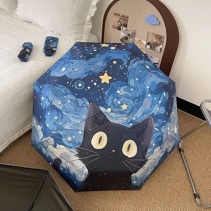 Starry Sky Cat Fully Manual Automatic Five Fold Tri-fold Cute Dog Puppy Umbrella Vinyl Parasol Sun Umbrella Rain or Rain Gear