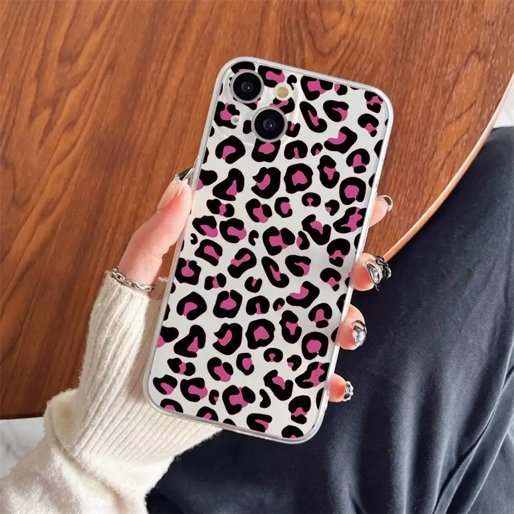 1pc Pink Leopard Print Phone Case Transparent For IPhone 17 16 15 14 13 12 11 PRO MAX PLUS Mini Soft Skin-friendly Cover