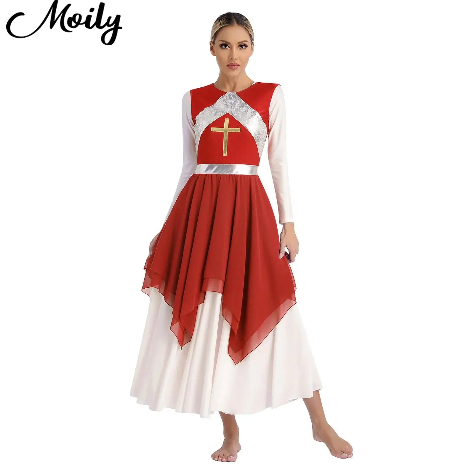 

Women Lyrical Modern Dance Dress Liturgical Praise Dance Choir Performance Costume Metallic Shiny Cross Sequins Sleeveless Dress