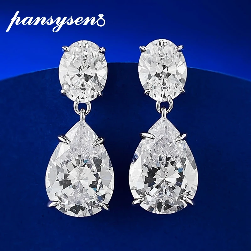 PANSYSEN Sparkling 100% 925 Sterling Silver 3EX Pear Cut 10*14MM High Carbon Diamond Gemstone Dangle Drop Earrings Fine Jewelry