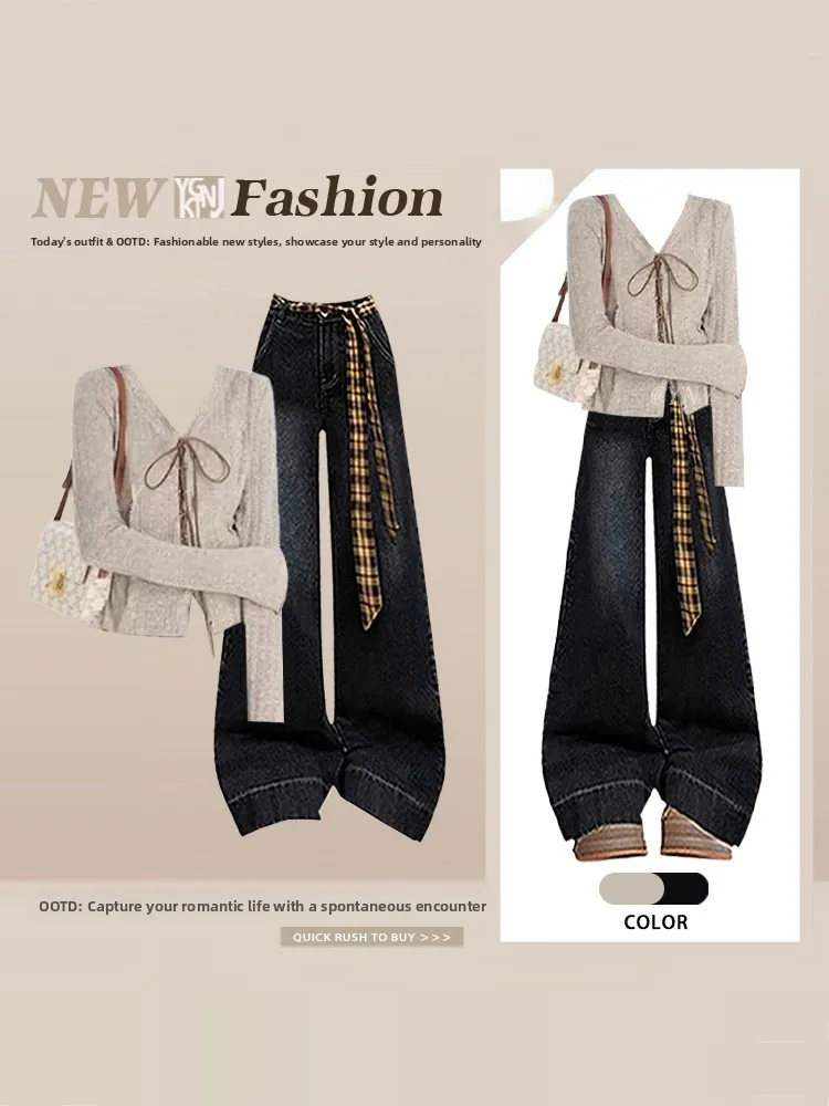 

Khaki Belted Long Sve Thin T-irt Denim Lace Trim Slim Fit Top Spring Deep Blue Jeans Two Piece Set Women's Faion Ensemble