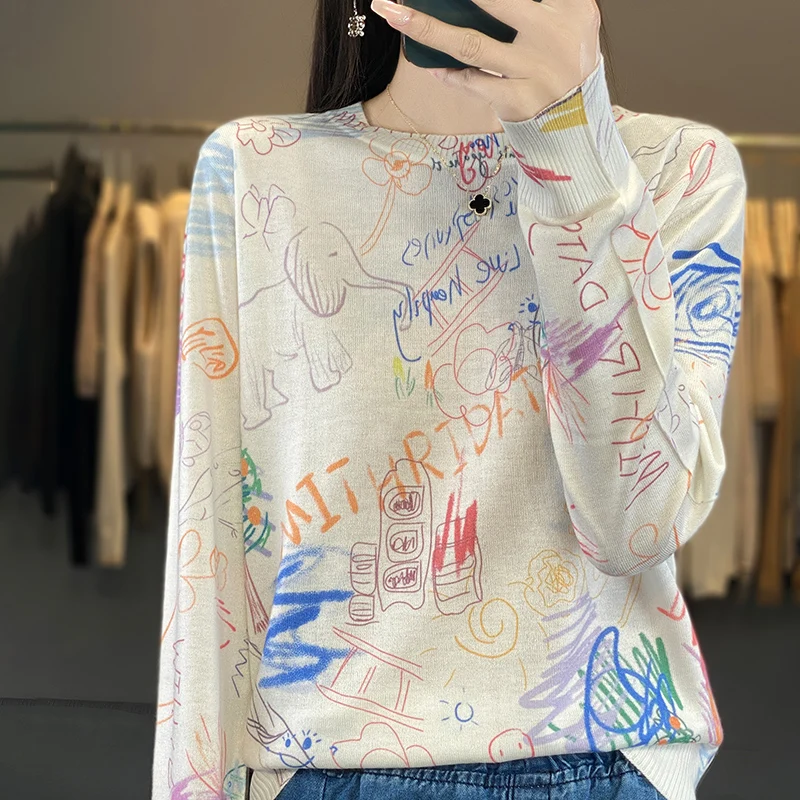 Spring and Autumn Women\'s Round Neck Thin Sweater Fashion T-shirt Top Worsted Wool Printed Long Sleeve Knitted Bottom Shirt