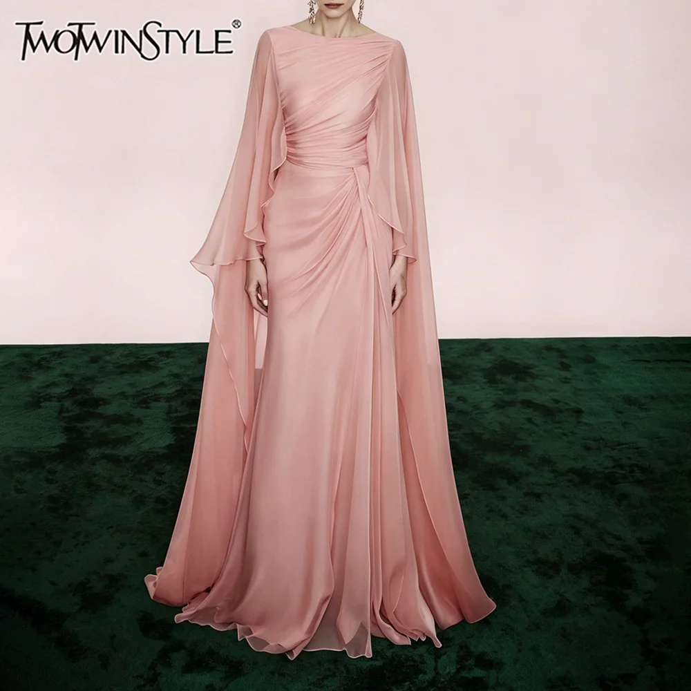 TWOTWINSTYLE Einfarbiges Schlankmachendes Kleid mit Mesh-Einsätzen für Damen Rundhals Langarm Patchwork Faltenkleid Damenmode