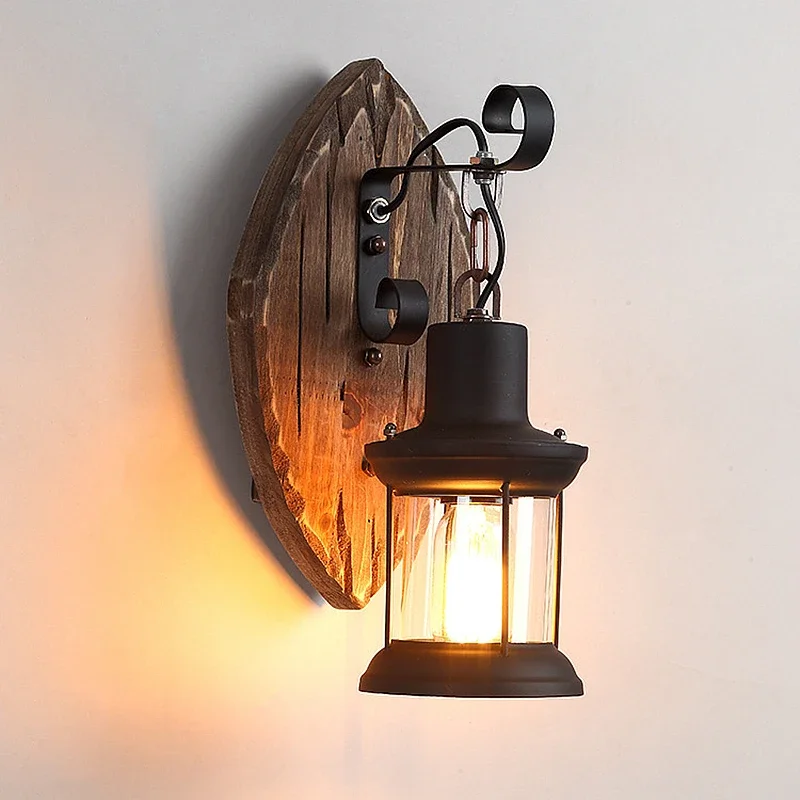 

Outdoor Antique LED Loft Wall Lamp Wood Glass Restaurant Cafe Bar Sconces Vintage Industrial Retro Wall Sconce for Bedroom