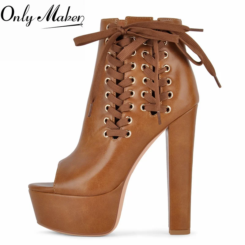 Onlymaker Botines de plataforma marrones con punta abierta y cordones, tacón grueso, tacón alto, punta abierta, a la moda, con cremallera lateral