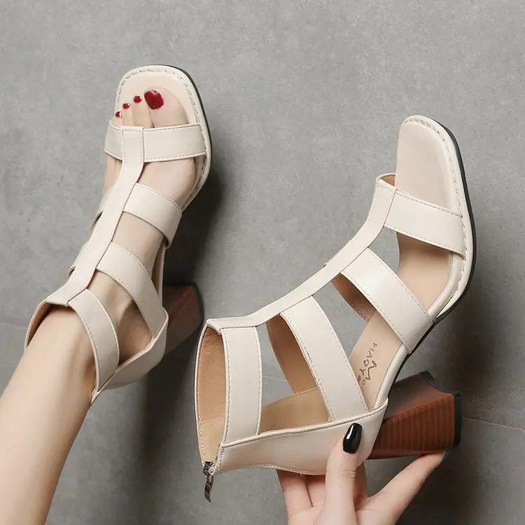 Toe Roman Shoes 2023 New Hollow Women\'s Sandals Chunky Heel Platform All-Match High Heels Sandals Booties Women Sandals