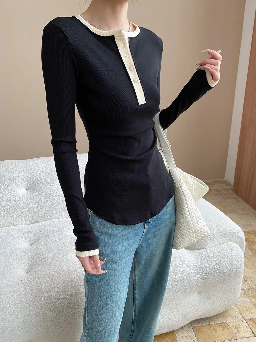 

Slim And Slim Temperament Contrasting Color Henry Collar Long-Sleeved T-Shirt Base Shirt