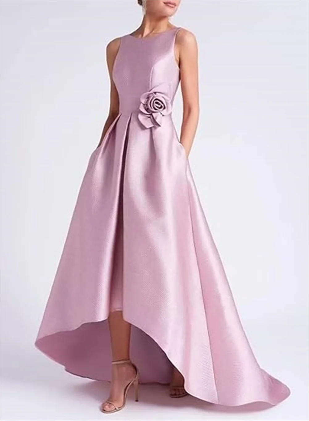 

Customized High Low Satin Mother Of The Bride Dresses Pink Satin Wedding Guest Dresses With Pocket Sleeveless Party Evening Gown