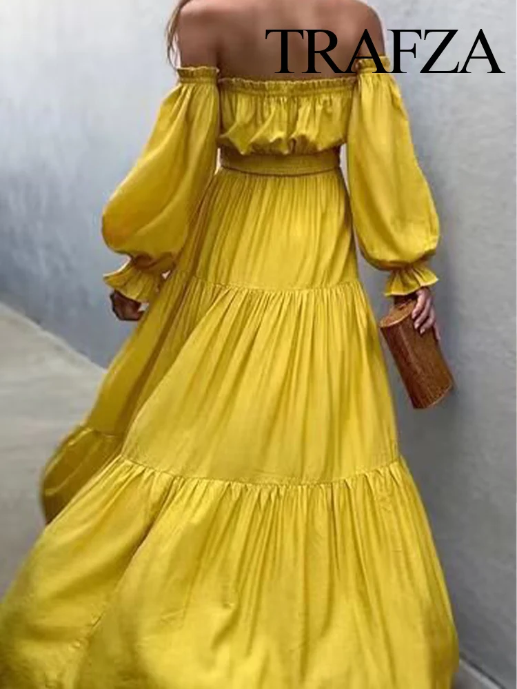 

TRAFZA Female Summer New Fashion Backless Yellow Slash Neck Long Sleeves Dress Women's Elegant Beach Style Hem Slit Long Dress