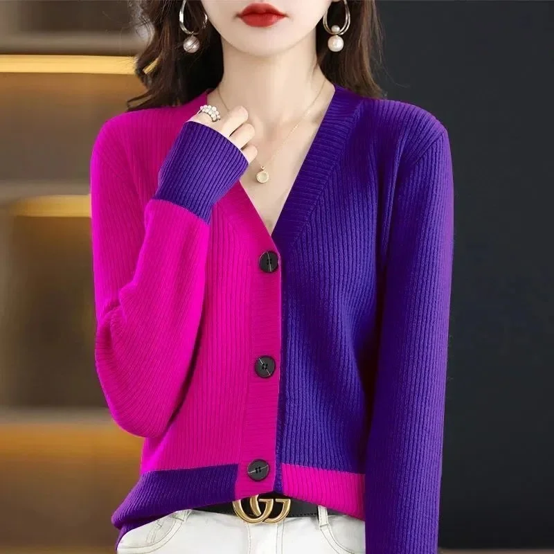 2023 Autumn/Winter Contrast Color Wool Knitted Cardigan Women Contrast Color Sweater Loose Versatile Knitted Short Coat Thin Top