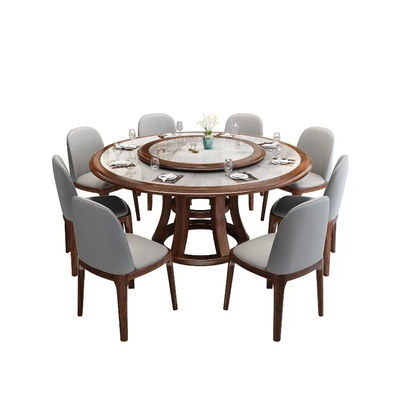 Solid wood round table with induction cooker Home dining table Chinese simple