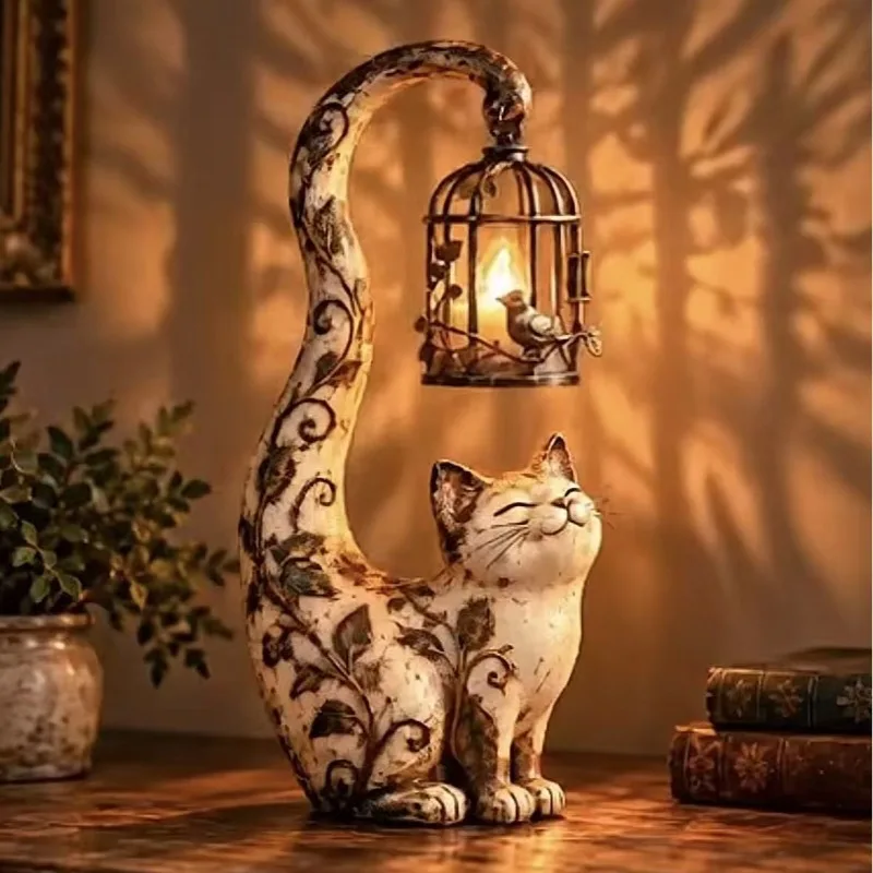 Resin Cat Holding Bird Cage Night Light, Vintage Tabletop Garden Home Decor Ornament, Decorative Lamp for Bedroom Living Room