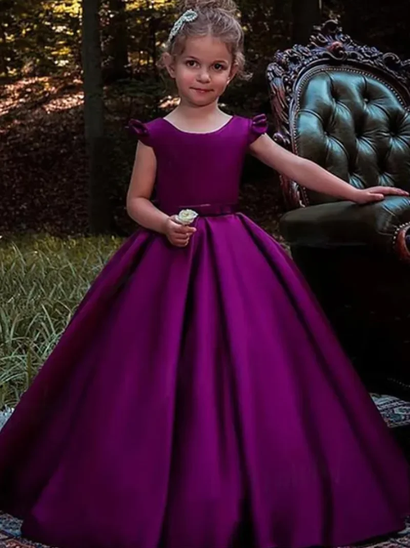 Robe de Princesse en Satin Violet pour Fille, Tenue de Mariage, Première Communion, avec Ceinture à Perles, Élégante, pour Enfant