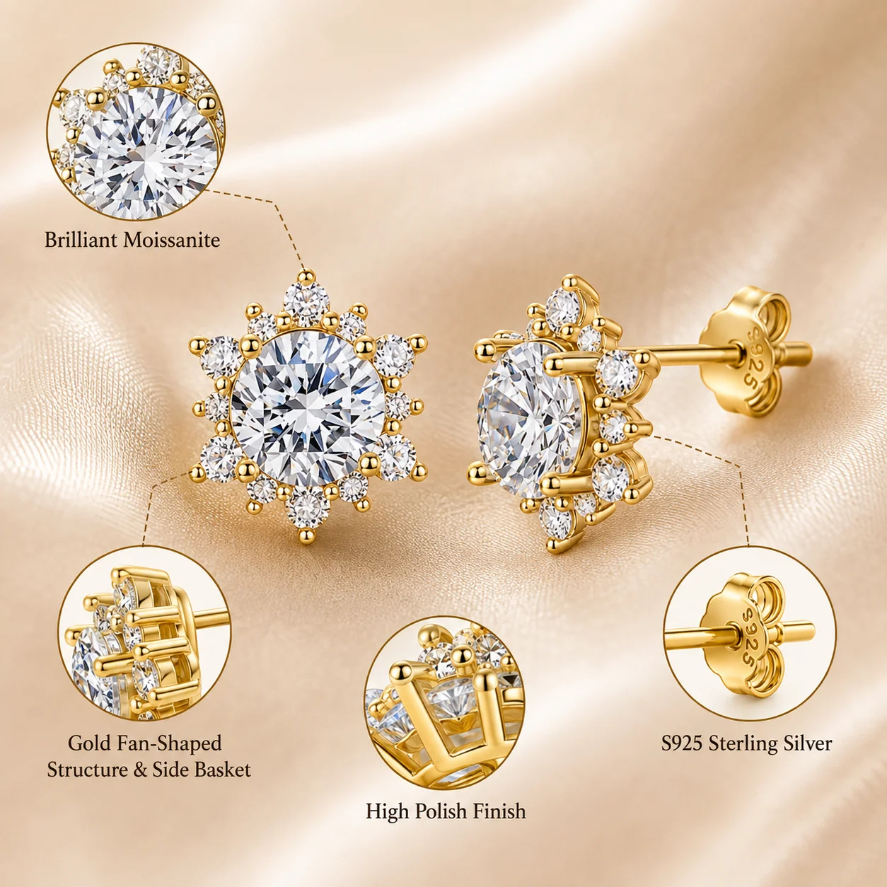 Anting-anting Moissanite Bentu - Moissanite Stud Earrings Round Cut 1Ct ulasan dan harga