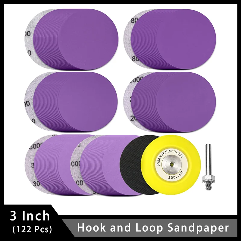 3 Inch 122 Pcs Purple Alumina Abrasive Sandpaper Hook and Loop Sanding Discs with Soft Foam Buffering Pad and 1/4 in Backing Pad