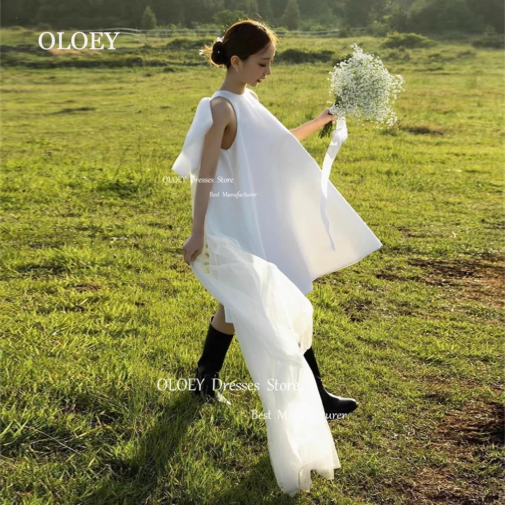 Oloey-女性のための短いサテンのウェディングドレス,韓国の写真撮影,ノースリーブ,ラウンドネック,バックボウ,フォーマルドレス,カスタムメイド