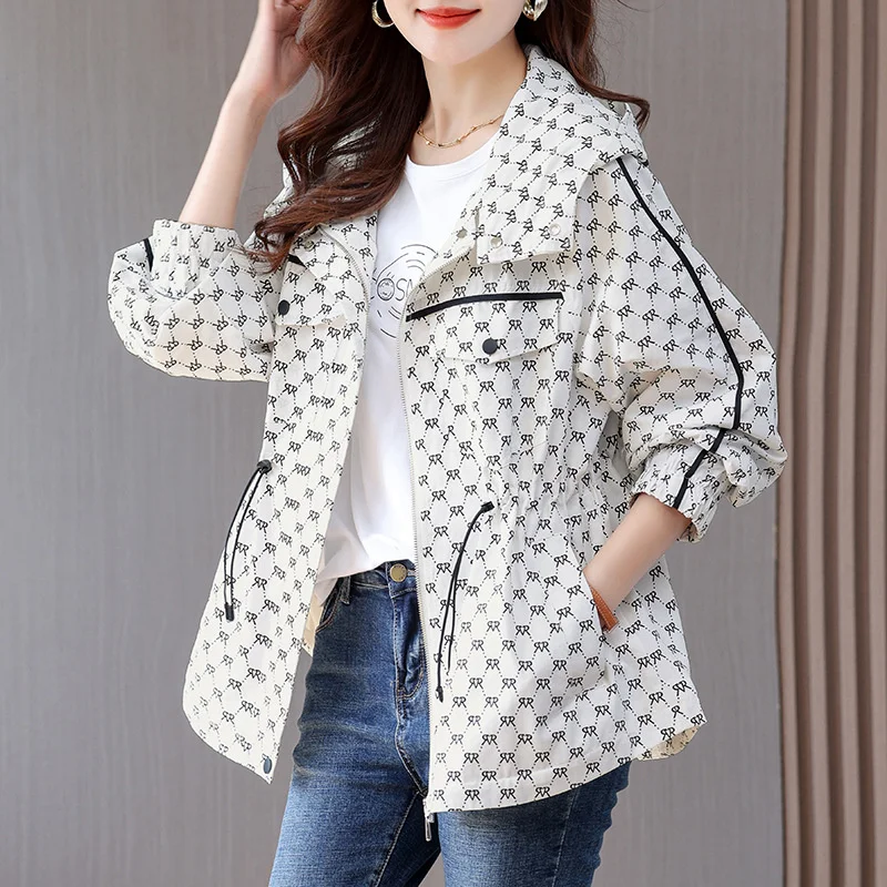 2024 New Spring Autumn Korean Casual Hooded Windbreaker Women Loose Temperament Fashion Print Trench Coat Female Outerwear