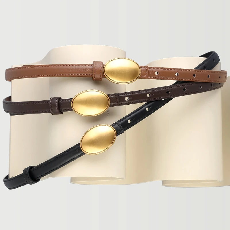 Women Genuine First Layer Cowhide Thin Belt Vintage Oval Gold Buckle Leather Belt For Dress Jeans Decorative Waist Strap