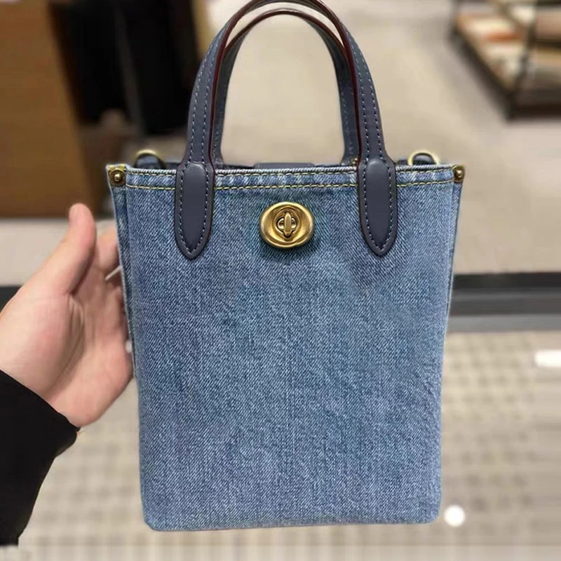 Denim Blue Mini Tote Bags For Women Luxury Designer Handbags Purses 2024 New In Fashion Simple Lock Decorate Shoulder Crossbody