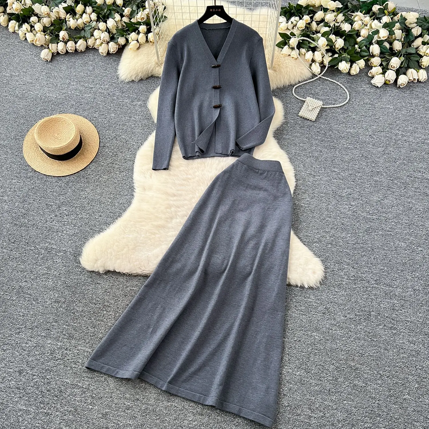 

Women Skirt Sets Two Piece Long Sleeve V Neck Cardigan Button Dress Sets Knit Casual A Line Skirts High Waist Elegant Autumn