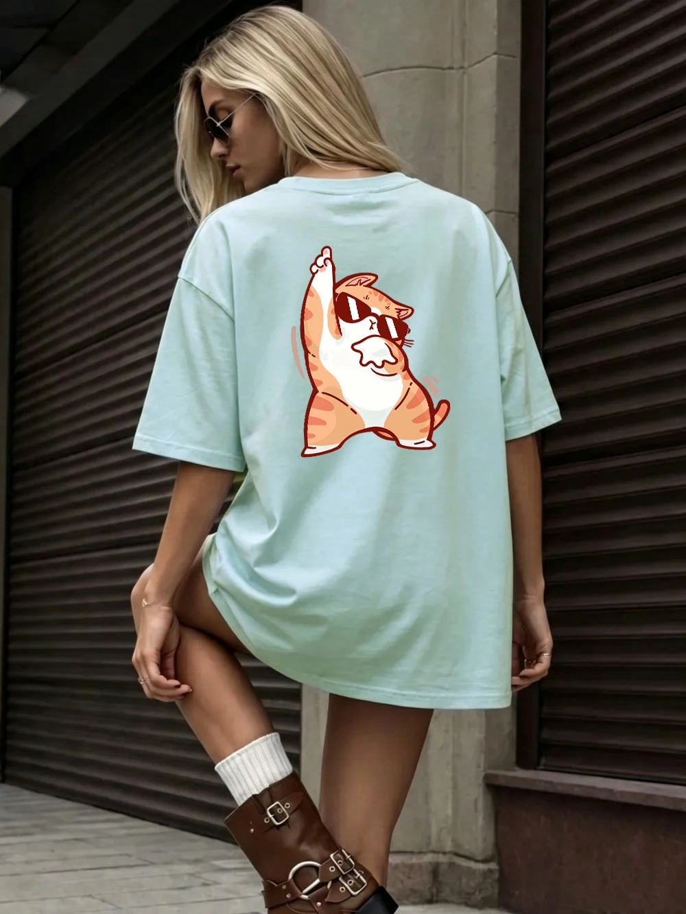 T-Shirts 100% coton pour femmes, t-shirt d'été avec impression de chat dansant, confortable et doux, col rond, vêtements décontractés pour les vacances