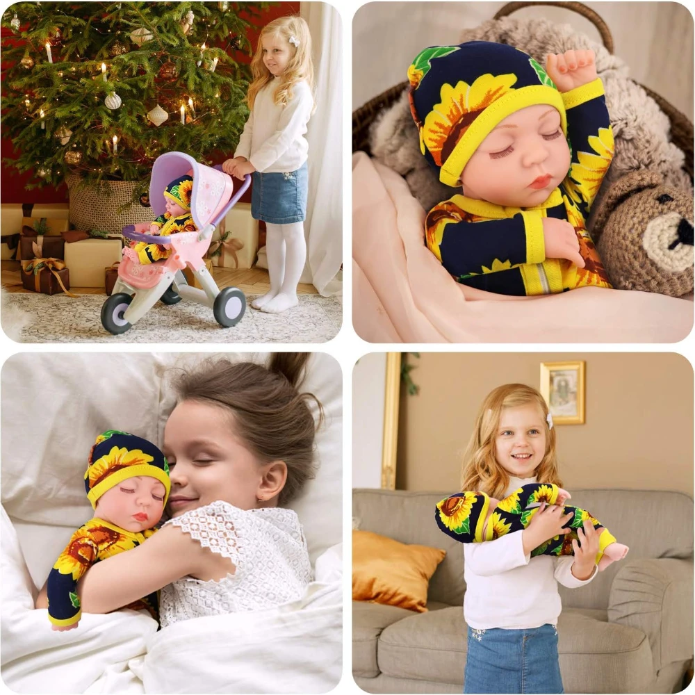 Neugeborene wiedergeborene Puppe, Babypuppe und Kleidung, waschbare realistische Silikon-Babypuppen mit niedlicher Overallkleidung, Weihnachtsgeschenk