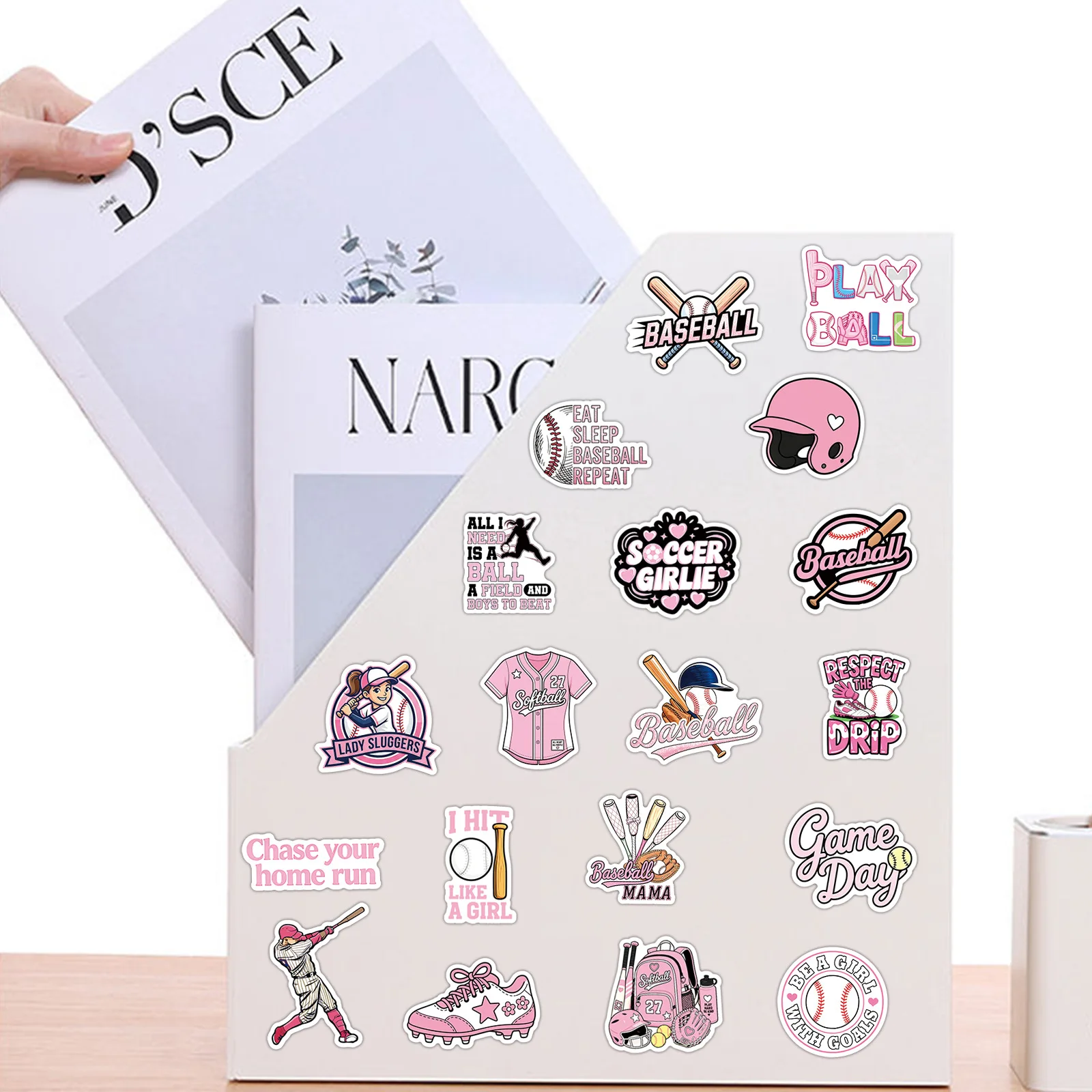 50Pcs College Style Pink Baseball Graffiti Waterproof Stickers Creative Trendy Fridge Mug Skateboard Guitar Helmet Sticker