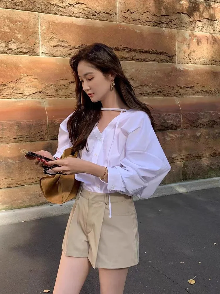 

Casual Loose Long Sve V-Ne Single Button Chic Spring Summer New Sle Versatile Design Sense irt Top for Young Women