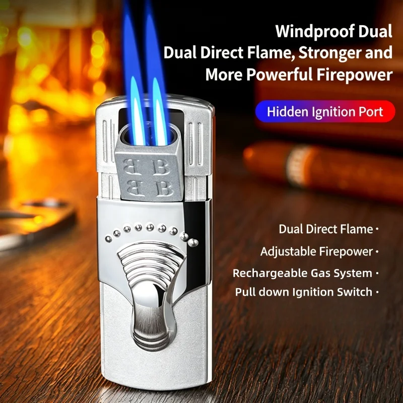 Dual Flame Windproof Metal Lighter Butane Gas Blowtorch Cigar Lighter Unique Hidden Nozzle Men's Gift cool smoking accessories